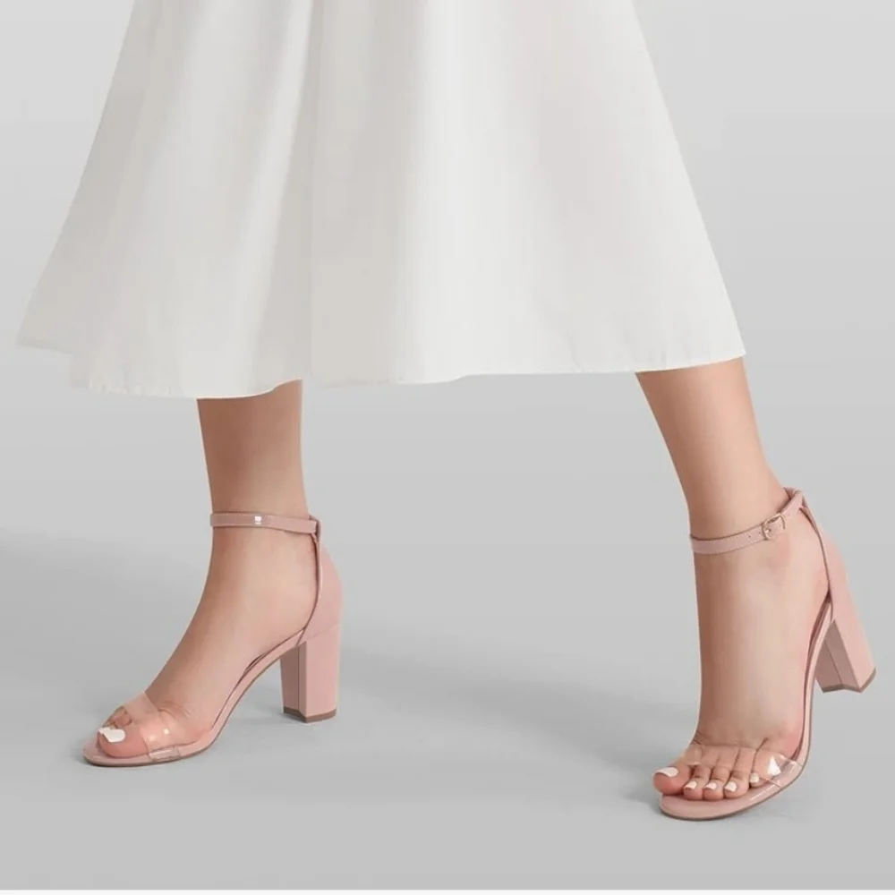 Pink Ankle Strap Block Heels With Clear Toe Strap Size 10